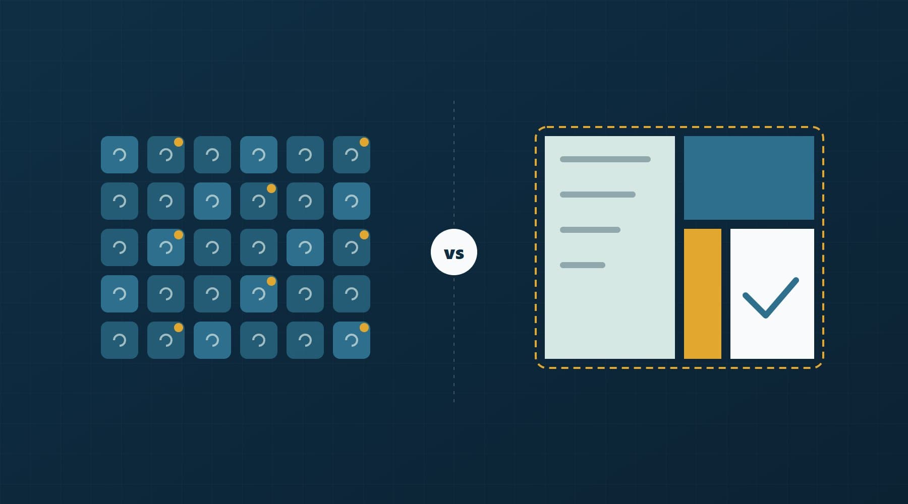 Illustration: a grid of identical subscription tiles beside one custom-built block system that fits its frame