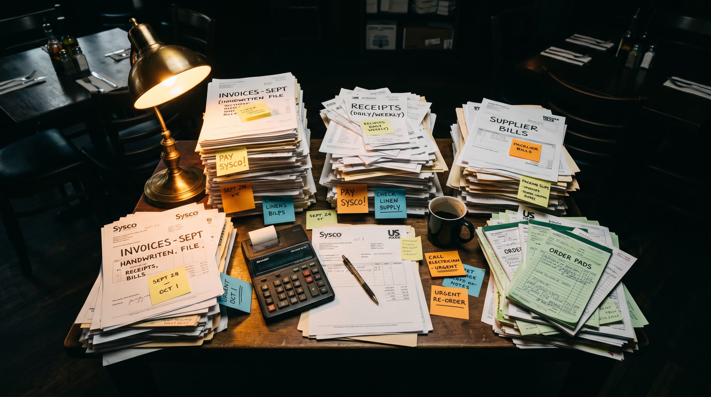 Restaurant back office before the ERP — stacks of invoices, receipts and supplier bills under a desk lamp