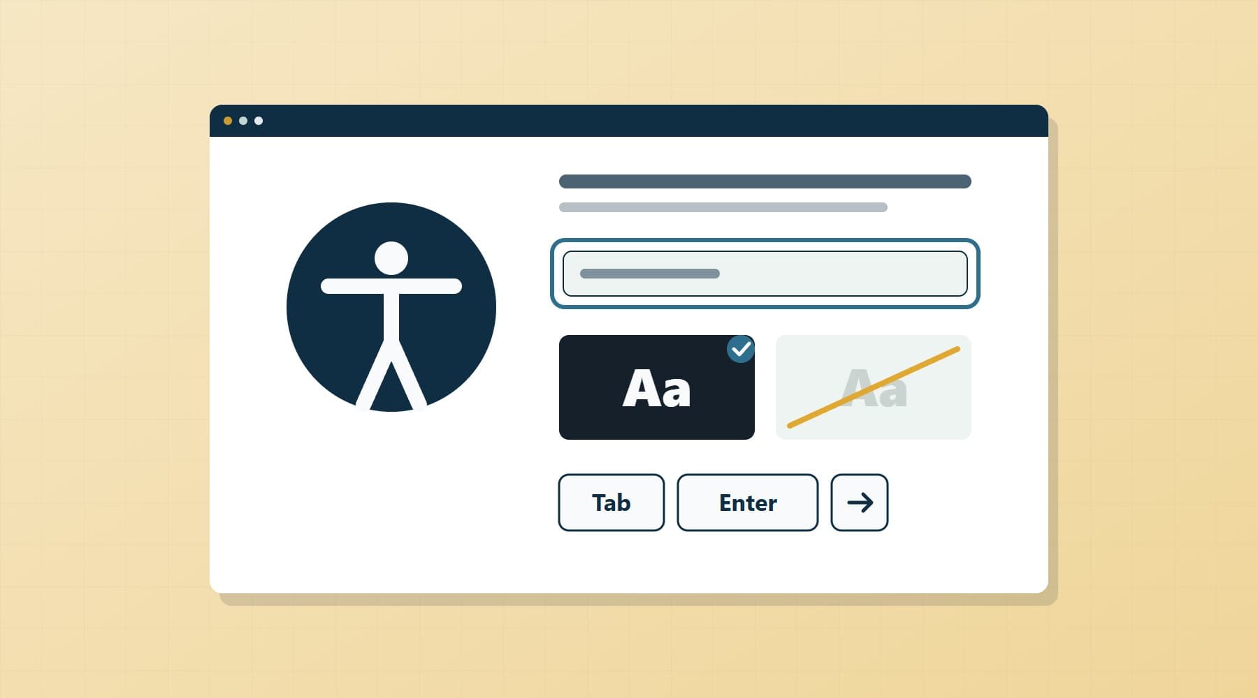 Illustration: an accessible web page with the accessibility symbol, a visible focus ring, high-contrast text and keyboard keys