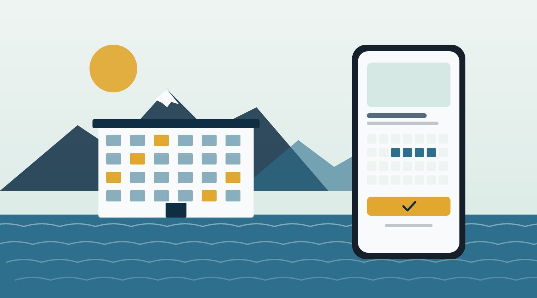 Illustration: a seaside hotel below Mount Olympus next to a phone showing a direct-booking calendar
