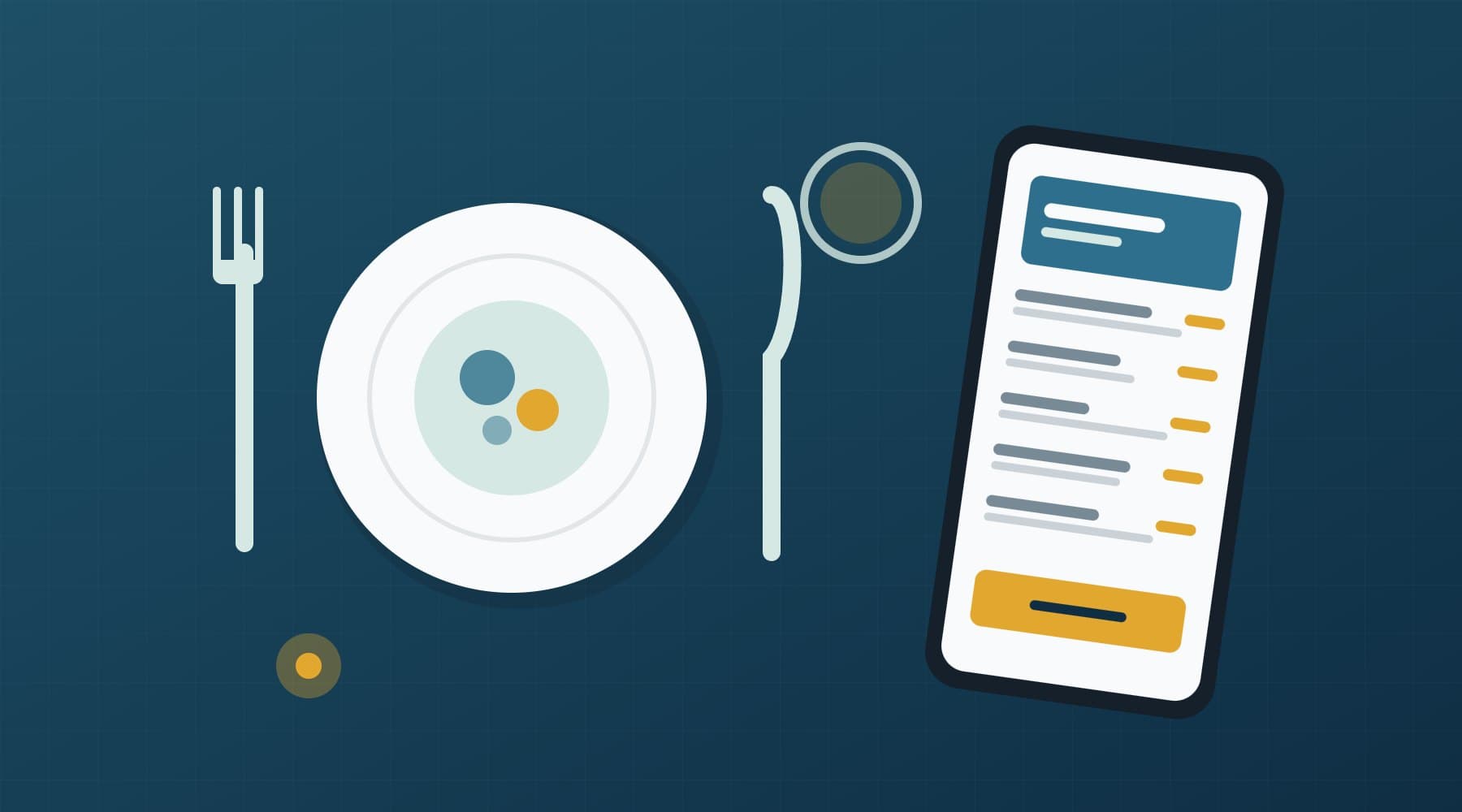 Illustration: a restaurant table seen from above, with a plate, cutlery, a glass and a phone showing the menu and a reserve button