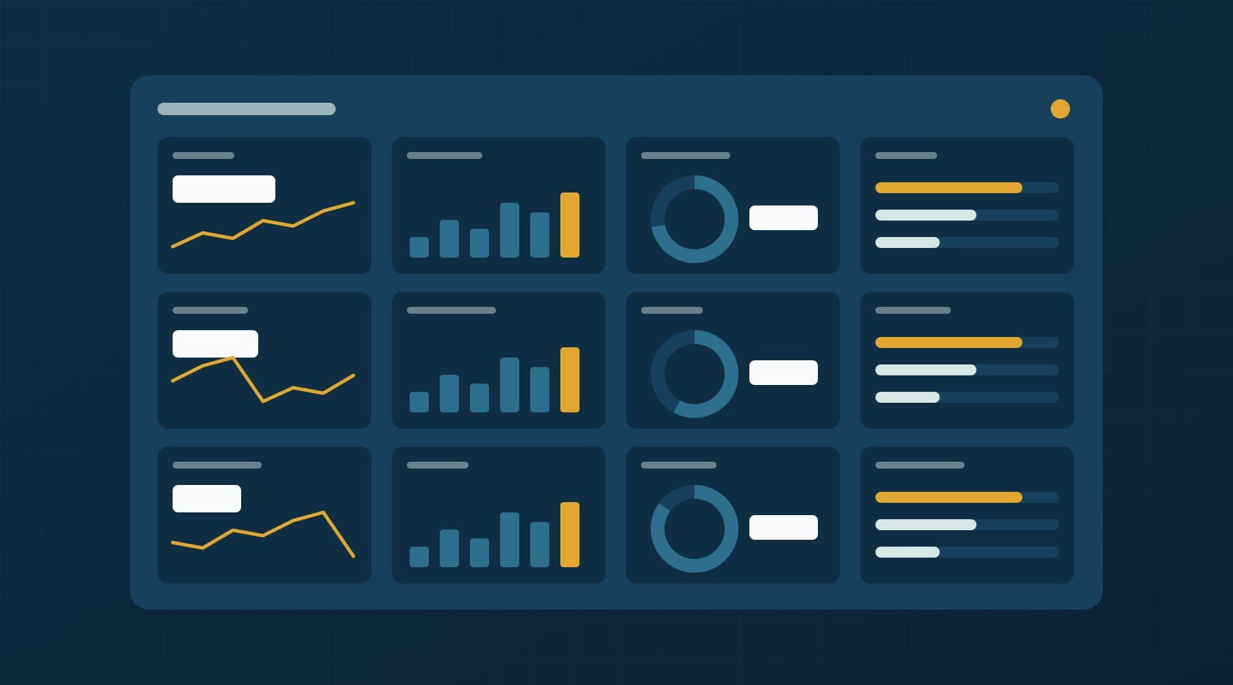 Illustration: a dashboard of twelve small KPI tiles with charts, gauges and progress bars