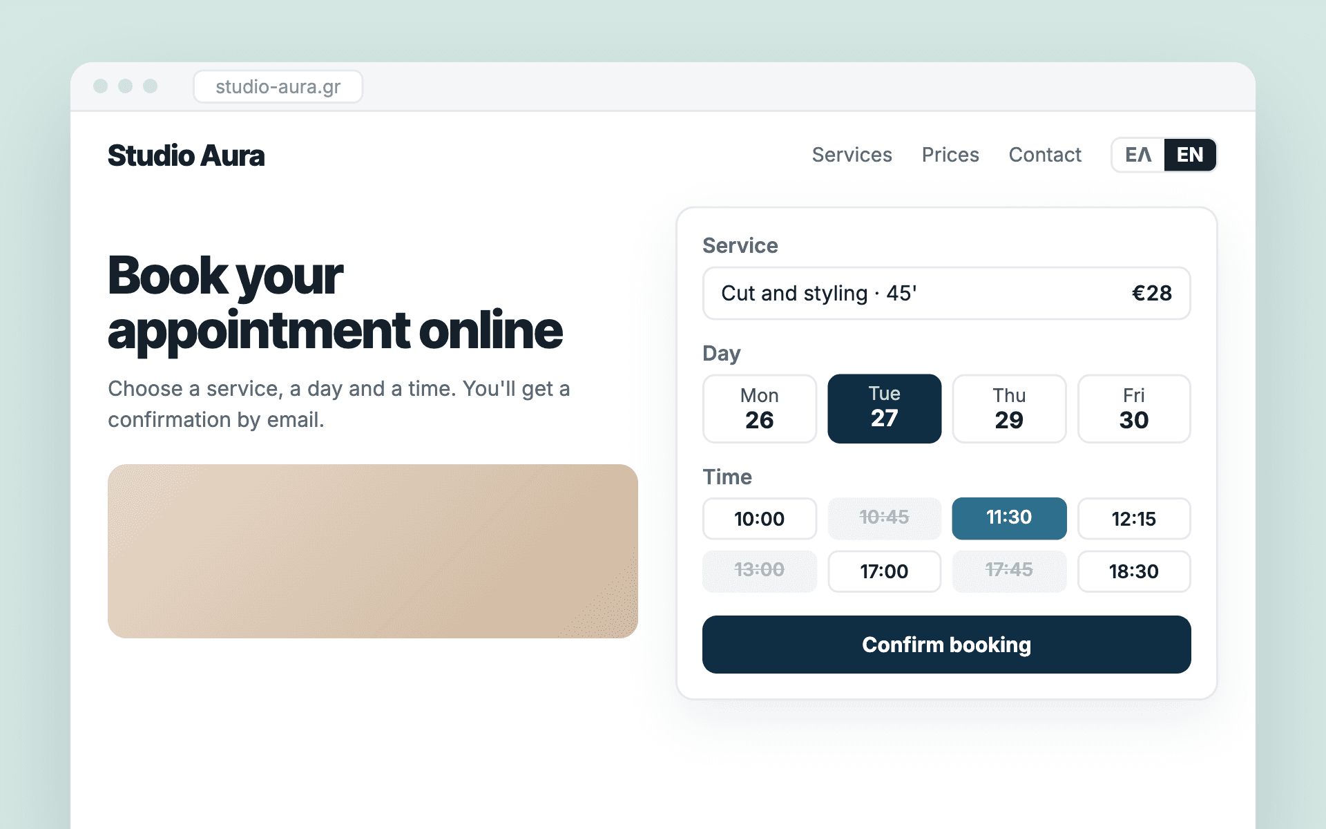 A bilingual salon website with an appointment picker for service, day and time.