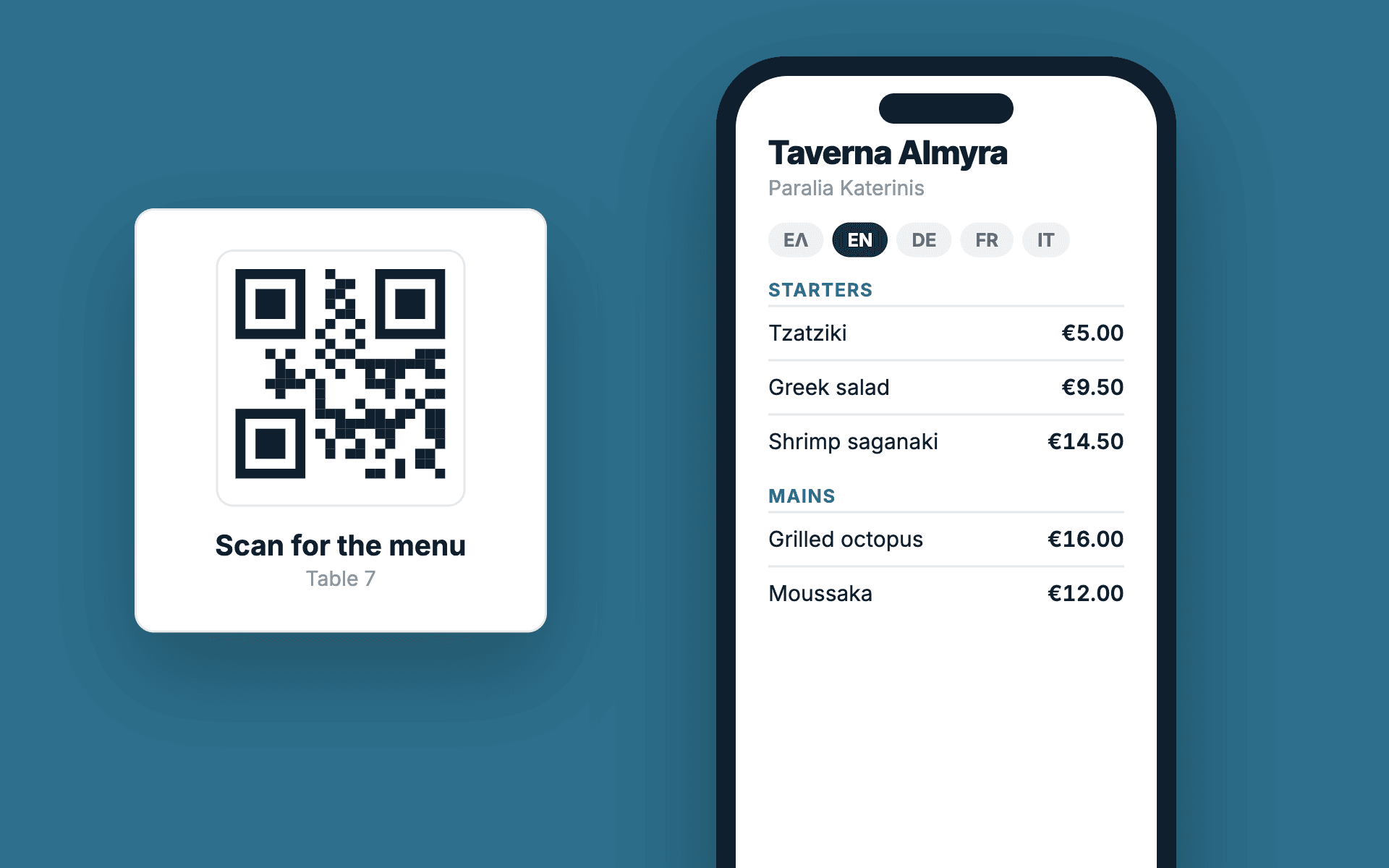A table QR code next to a phone showing the taverna menu with language buttons.